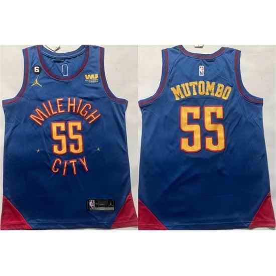 Men Denver Nuggets 55 Dikembe Mutombo Blue With NO 6 Patch Stitched Jersey